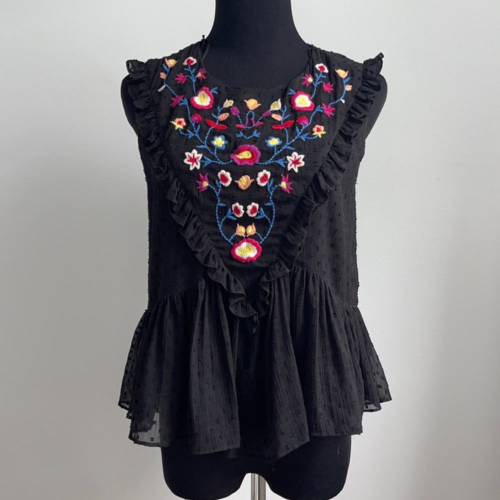 Zara black embroidered ruffle sleeveless top